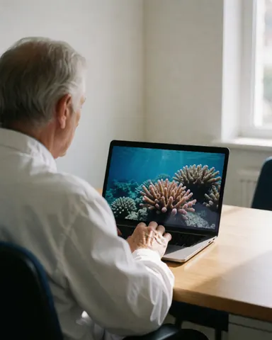 A marine researcher reviews coral images on a laptop at a wooden table in a professional setting with natural light.