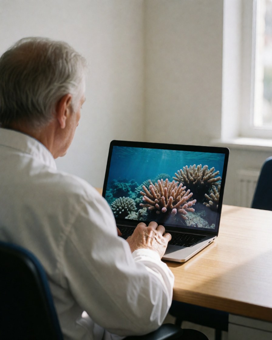 A marine researcher reviews coral images on a laptop at a wooden table in a professional setting with natural light.