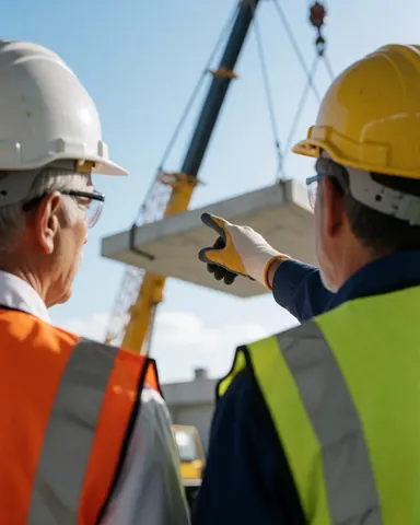 Engineers in safety gear guiding a crane to lift a concrete panel at a construction site