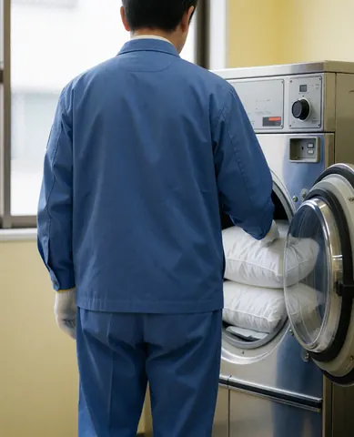 A laundry worker in a blue uniform places pillows into an industrial dryer in a clean, professional setting with pale yellow walls.