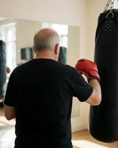 CrossFit coach wearing red gloves striking a punching bag in a gym with mirrors and white walls
