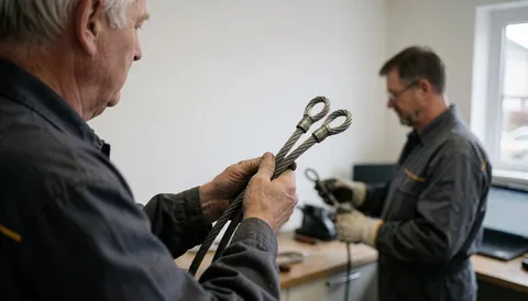 Garage door installer holding a steel cable loop in a workshop with white walls and visible tools.