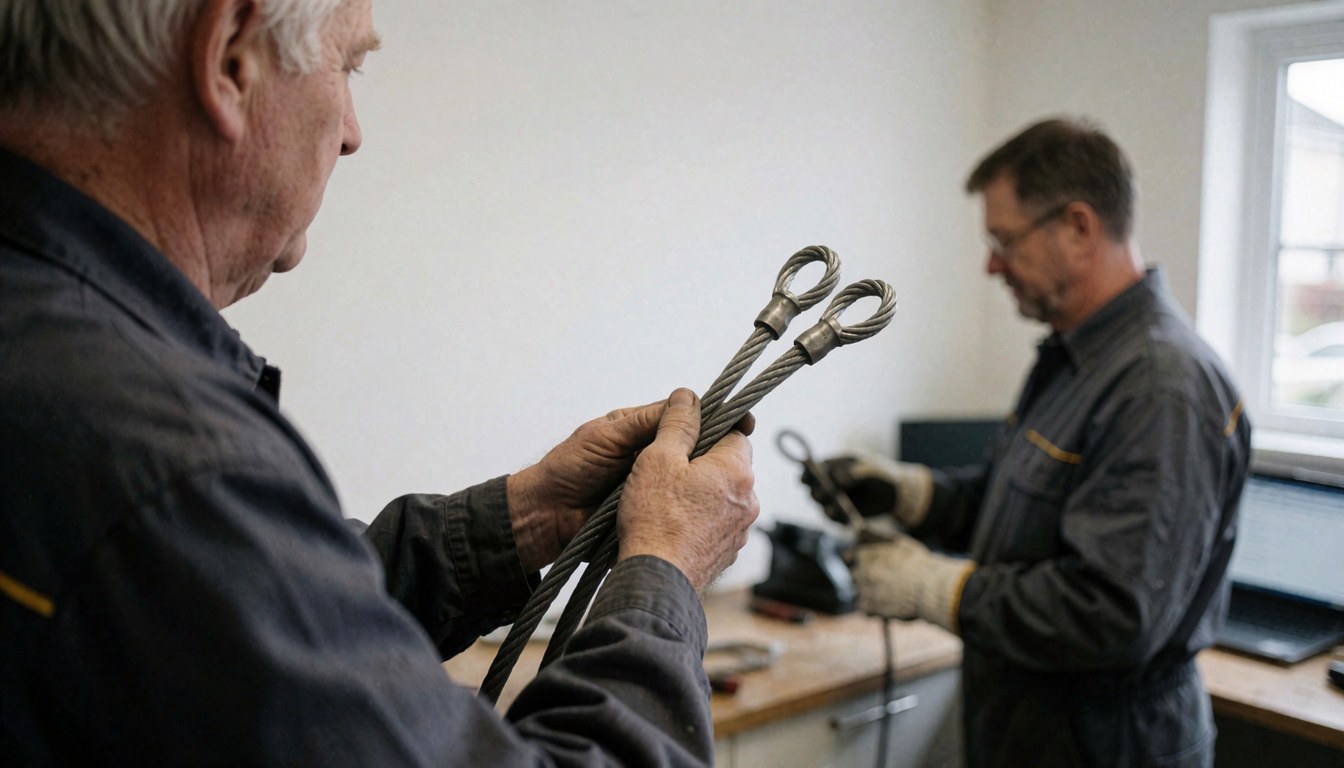 Garage door installer holding a steel cable loop in a workshop with white walls and visible tools.
