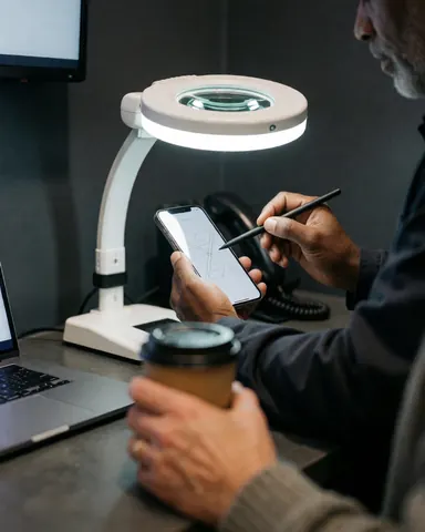 Close-up of a technician examining a mobile phone screen using a magnifying glass and a stylus tool for detailed repair work.