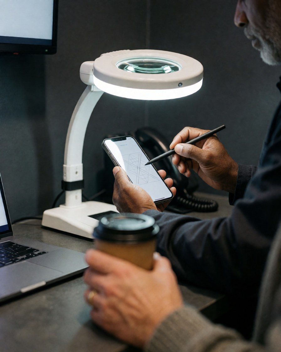 Close-up of a technician examining a mobile phone screen using a magnifying glass and a stylus tool for detailed repair work.