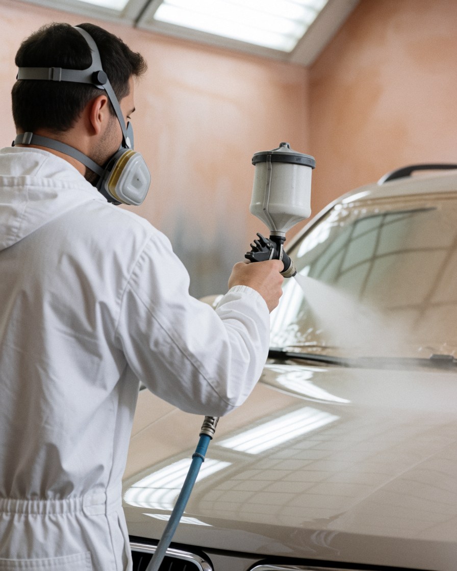 Technician wearing a mask applying paint to a car hood in a workshop with light walls and natural light