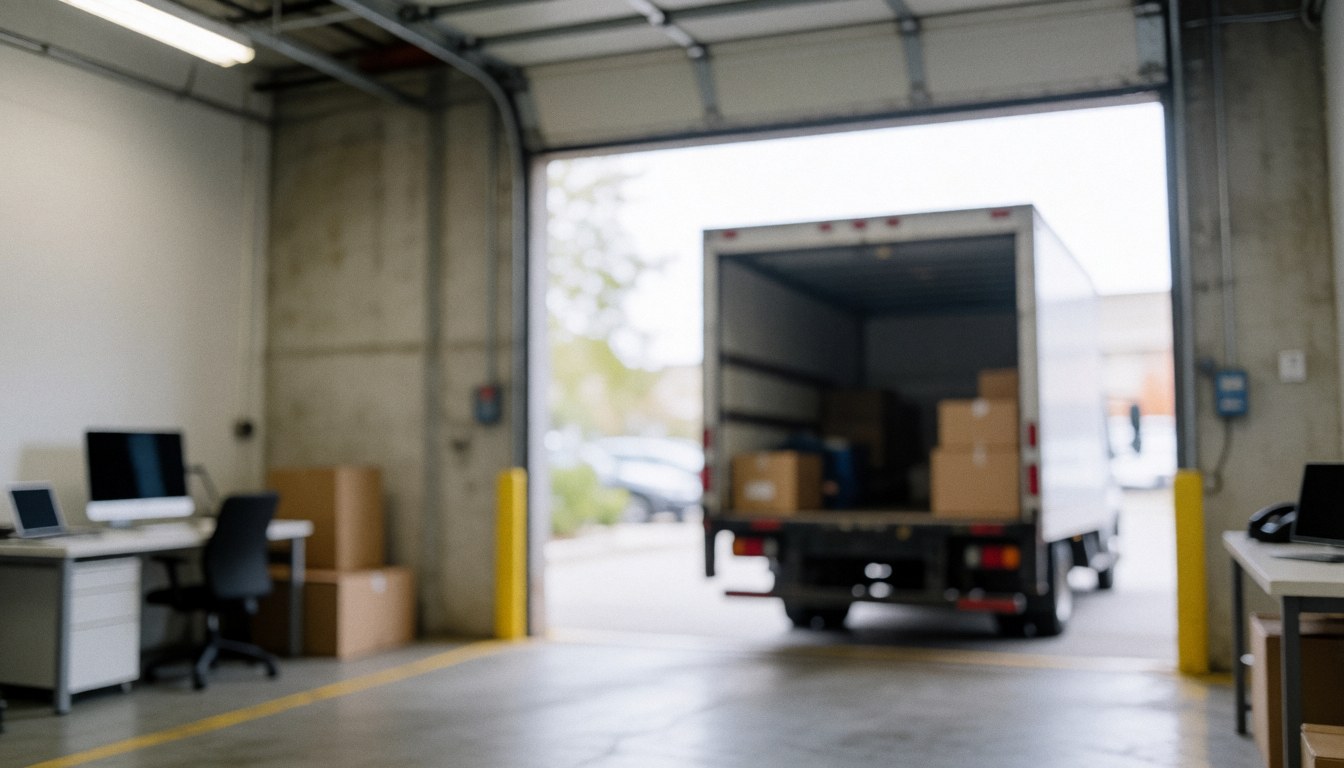 Open cargo truck with cardboard boxes in an industrial garage with concrete floor and lighting