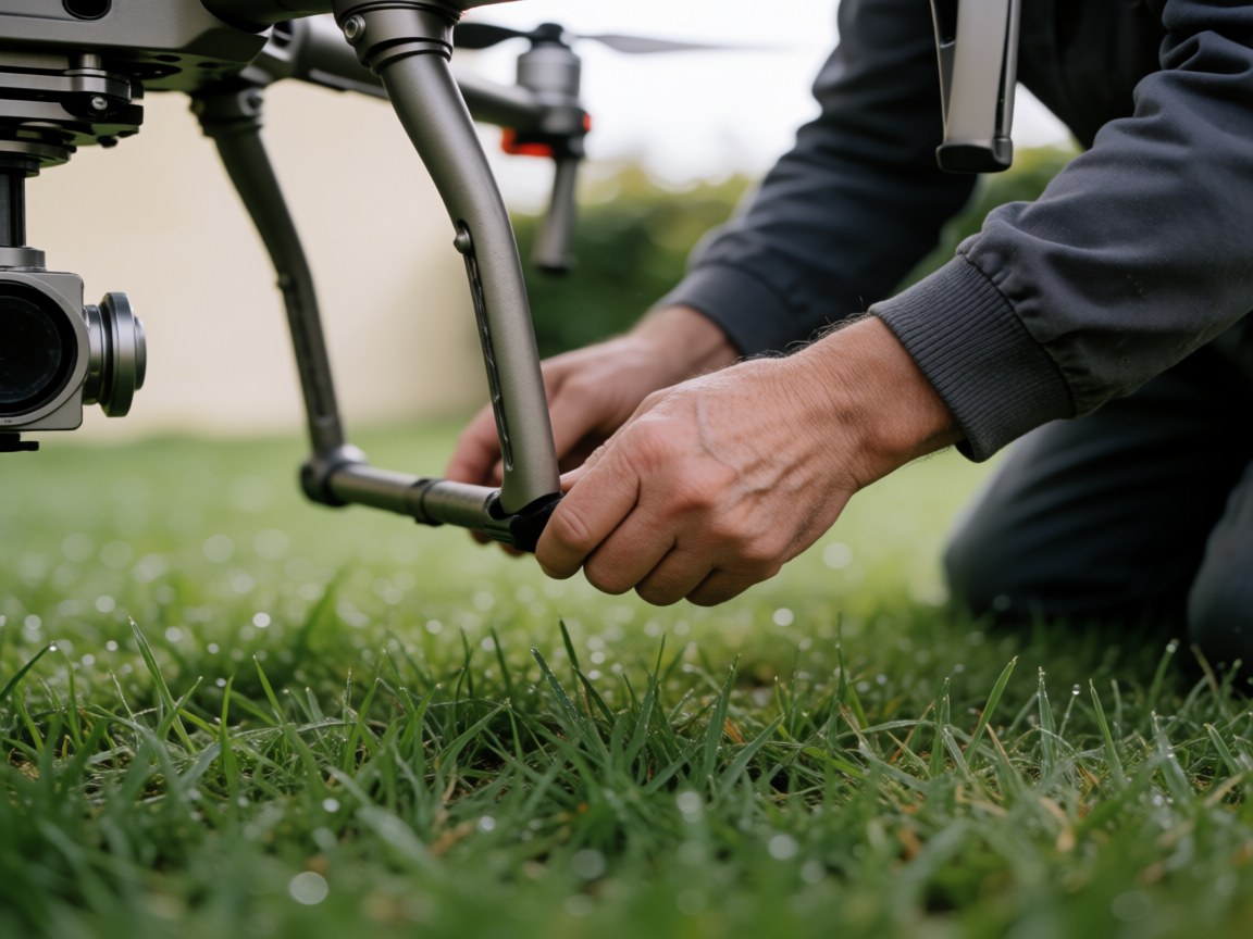 Close-up of hands adjusting the landing gear of a drone on wet grass with dew drops on a sunny day