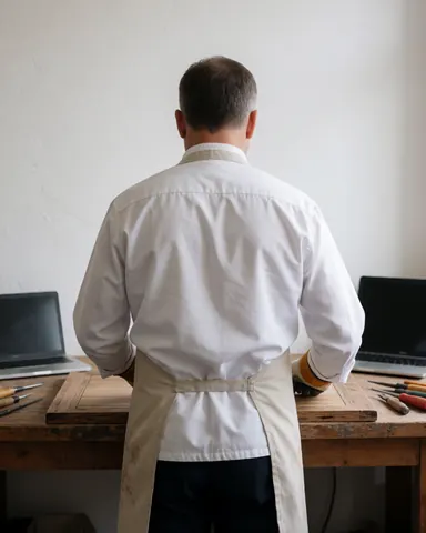 Back view of a man working in a furniture workshop with tools and a laptop on a wooden table