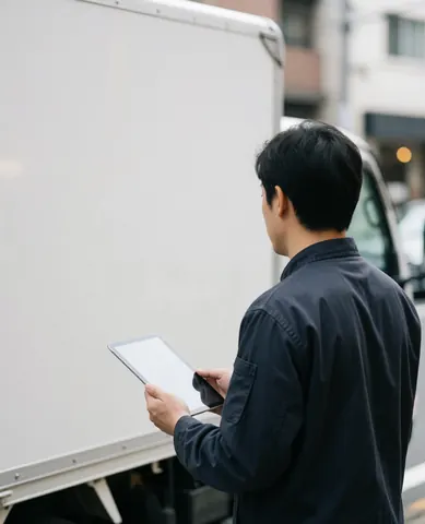 Person holding a tablet while standing near the blank side panel of a white commercial truck on a city street