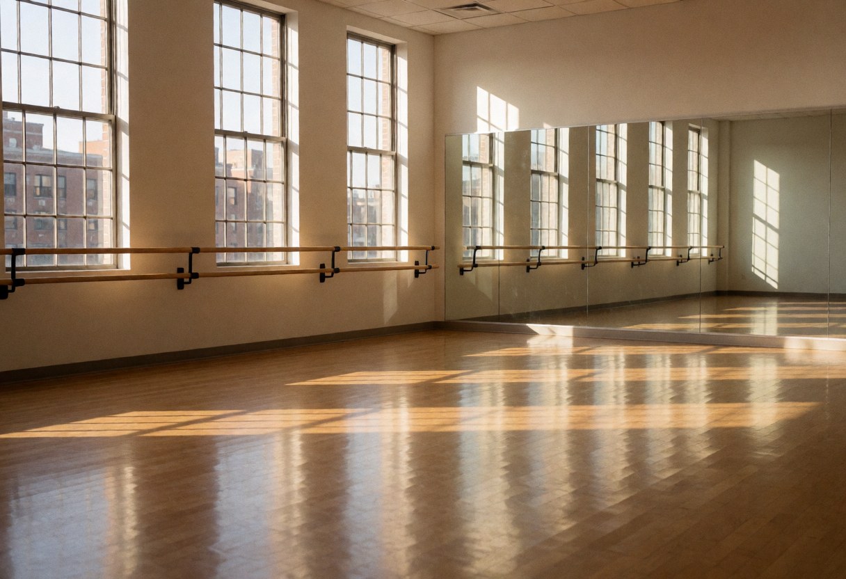 Empty dance studio featuring polished wooden floors, a ballet barre, and mirrors illuminated by natural light from high windows.