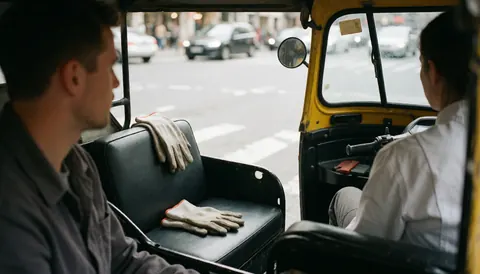 Work gloves resting on the seat of a yellow moto-taxi interior with a street view in the background
