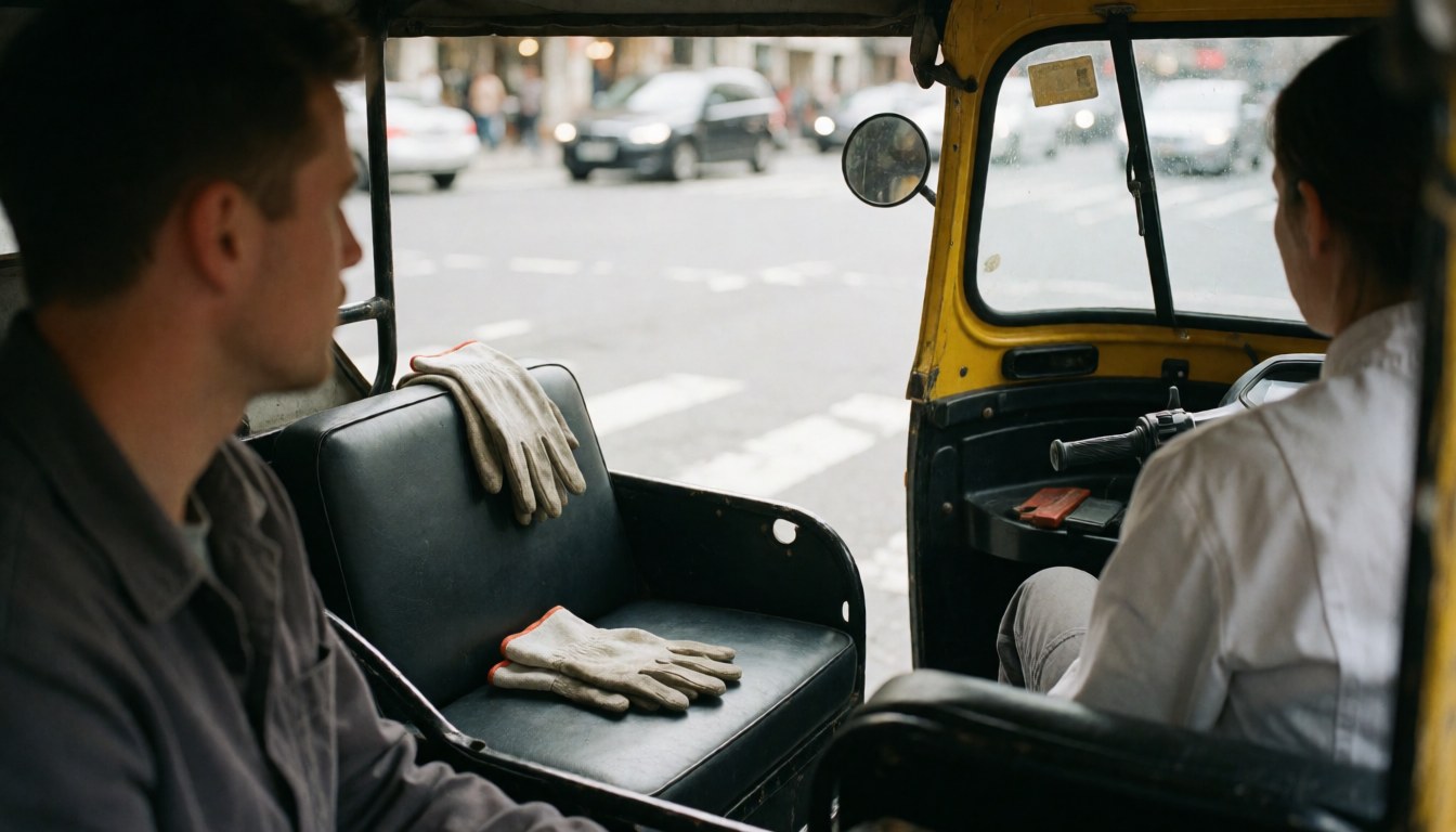 Work gloves resting on the seat of a yellow moto-taxi interior with a street view in the background