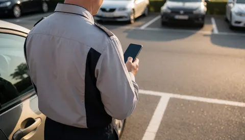 Driver in uniform holding a smartphone while standing in a parking lot, suitable for website hero section
