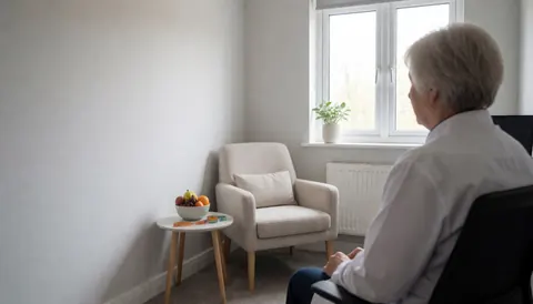 Beige therapy chair and table with fruit near a window with natural light in a calm clinic setting