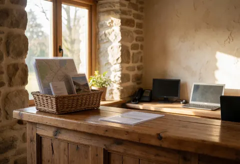 Rustic wooden table in a stone-walled rural lodging reception with a basket of maps and natural light