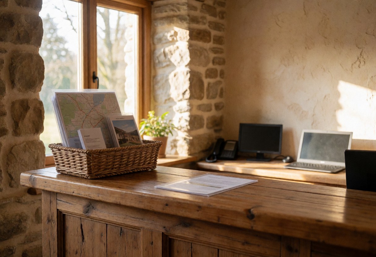 Rustic wooden table in a stone-walled rural lodging reception with a basket of maps and natural light
