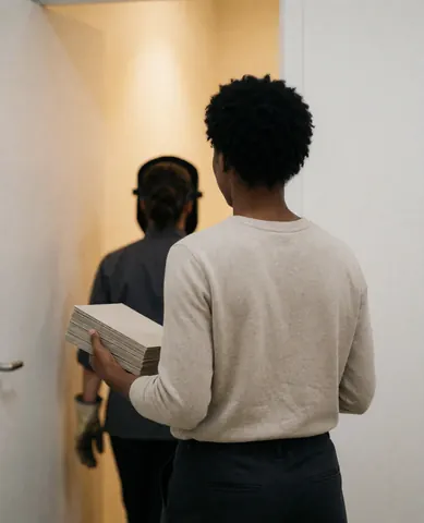 A woman holding yoga class cards walks toward the entrance of a bright studio with white walls and warm lighting