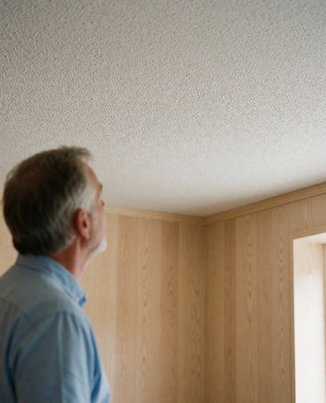 A satisfied client observes a uniformly textured plaster ceiling in a room with wood panel walls and natural light.