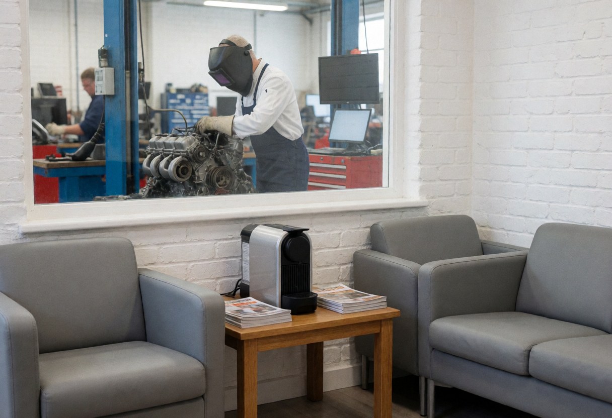 Waiting area with gray chairs and coffee machine, mechanic working on car engine through glass window