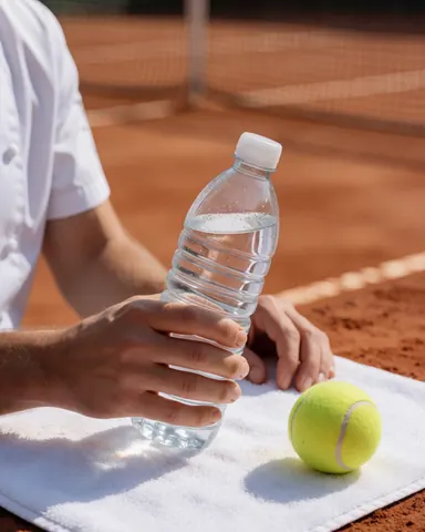 Hand holding water bottle on tennis court with ball and towel nearby