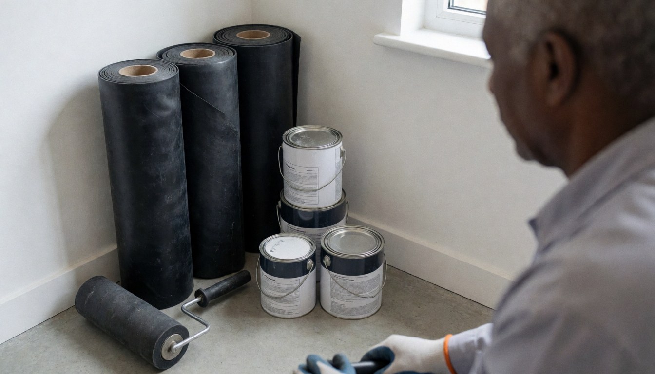 A worker applies EPDM waterproofing membrane in a corner, with rolls, priming cans, and a roller nearby under natural light.
