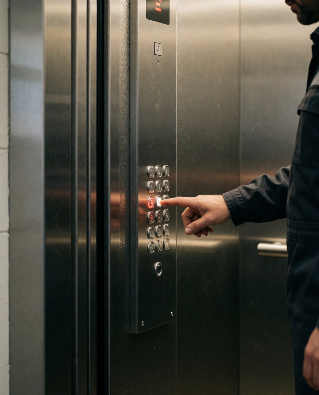 Technician in uniform pressing control button inside elevator with stainless steel walls and warm lighting, showing elevator repair service