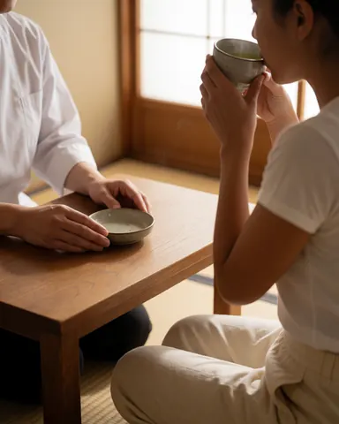 A relaxed client sips green tea in a serene shiatsu room with natural light filtering through shoji screens and wooden furniture.