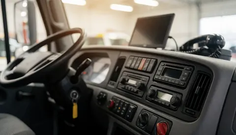 Interior view of a tow truck cabin showing the steering wheel, instrument panel, radio, and monitor, suitable as a background for text about towing services.