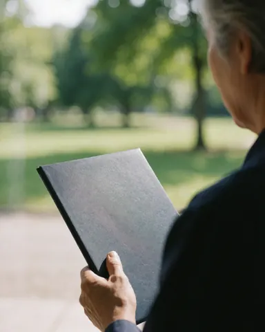 Close-up of a hand holding a diploma folder outdoors in a park with natural light and green scenery.