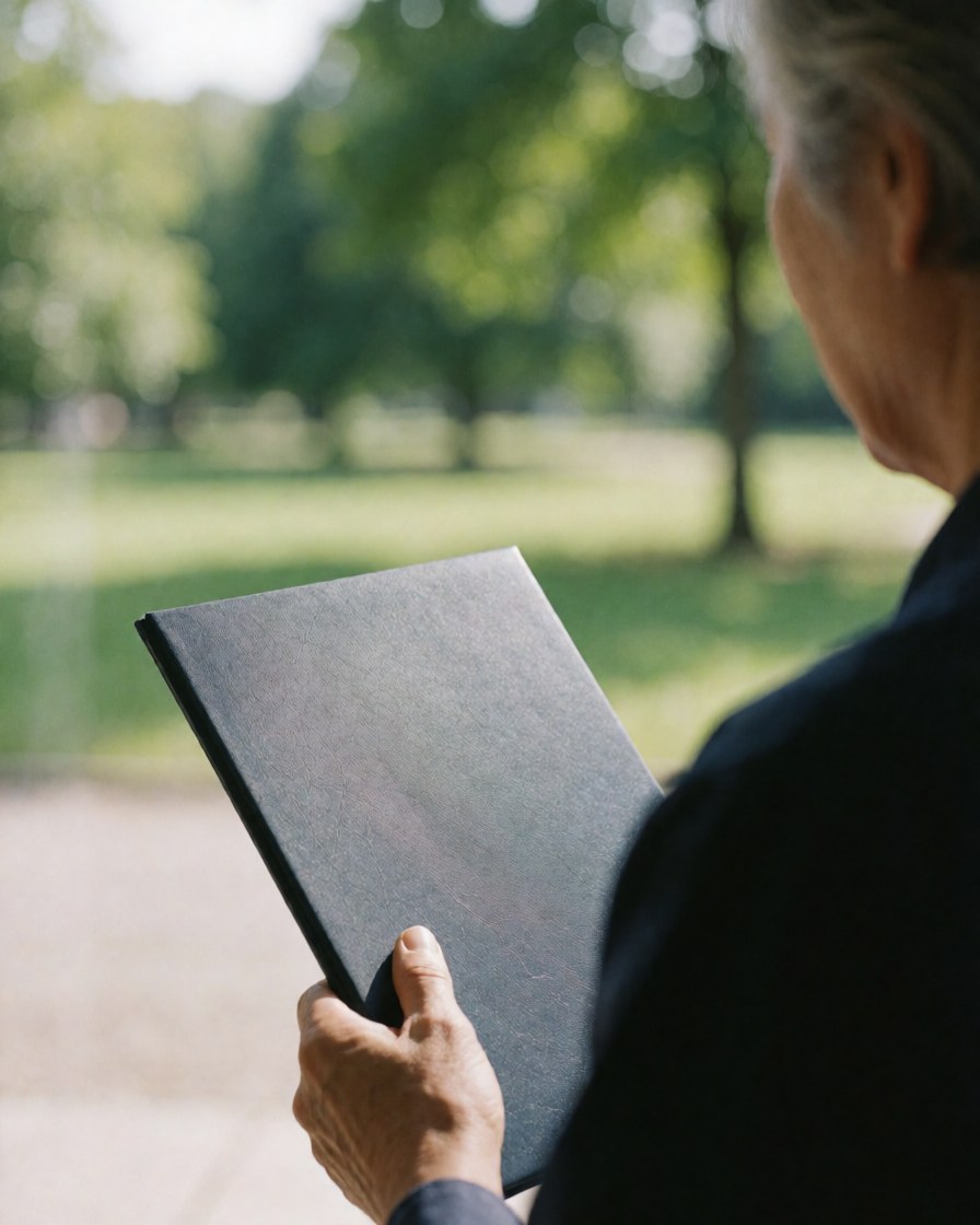 Close-up of a hand holding a diploma folder outdoors in a park with natural light and green scenery.