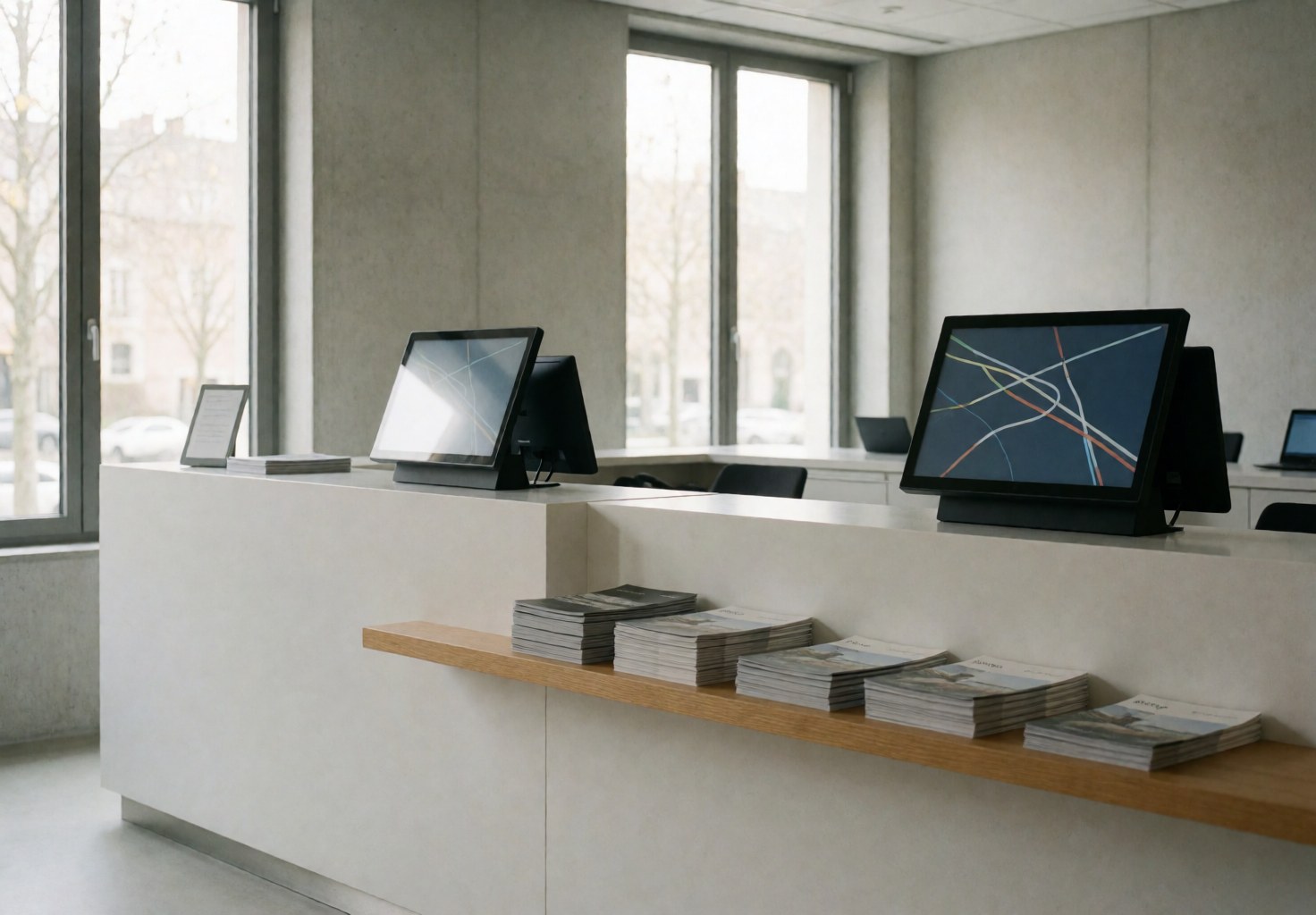 White desks and digital displays with cycling routes in a minimalist cycling instructor office with concrete walls and natural light