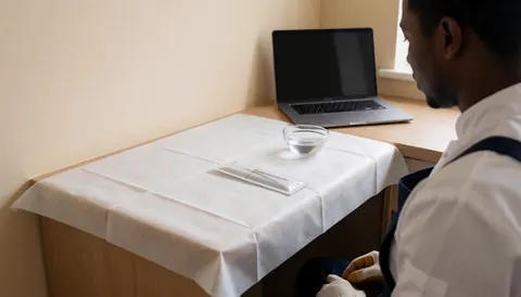 A piercing professional prepares sterile tools on a table covered with disinfectant paper in a beige-walled studio.