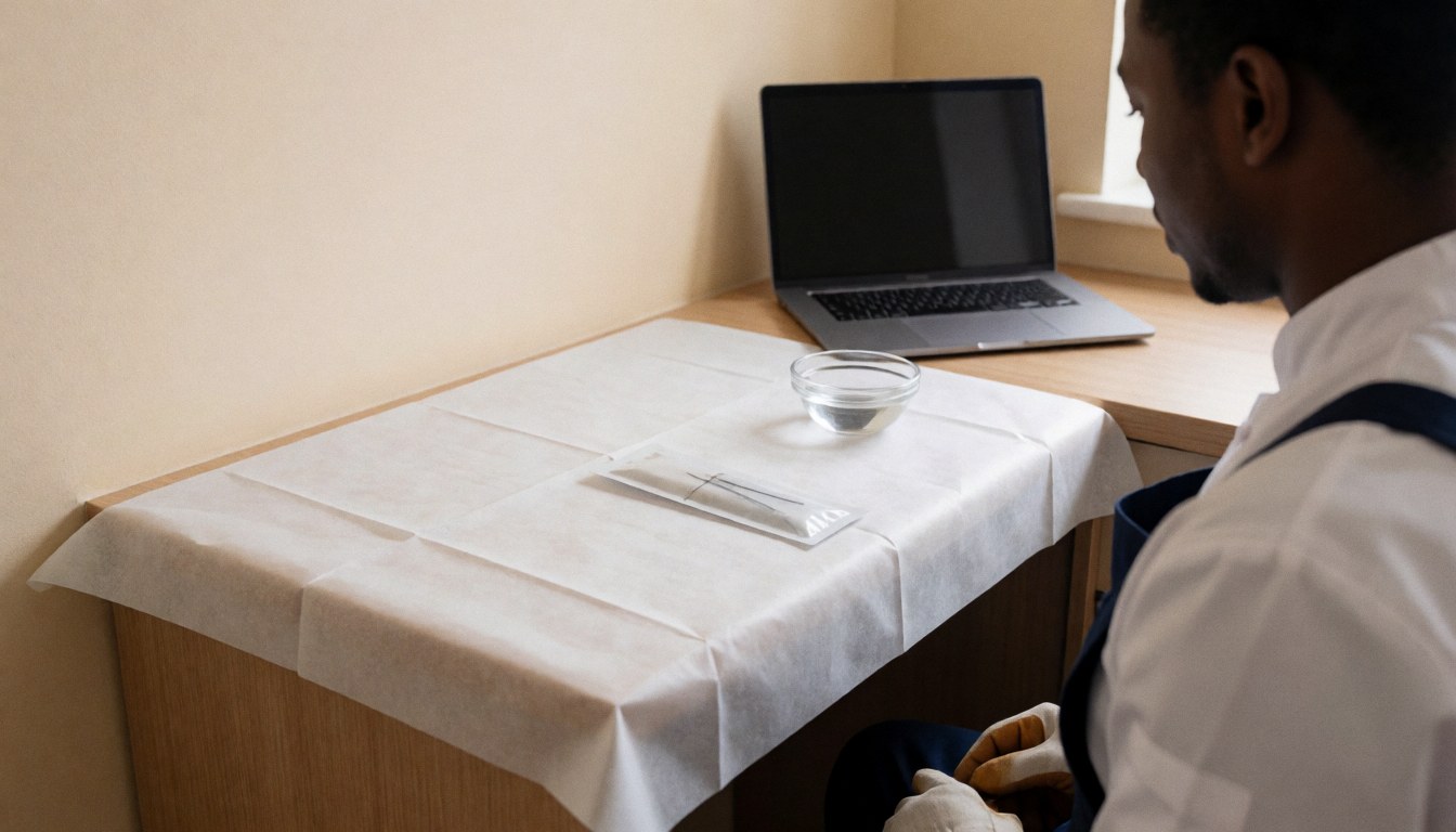 A piercing professional prepares sterile tools on a table covered with disinfectant paper in a beige-walled studio.