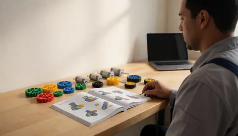 A man working on a robotics kit with colorful gears and motors on a wooden table, with an open manual and laptop in the background.