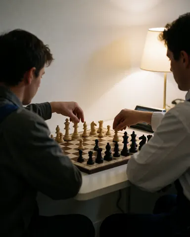 Two people playing chess at a school with visible board and pieces under warm lamp light and white walls