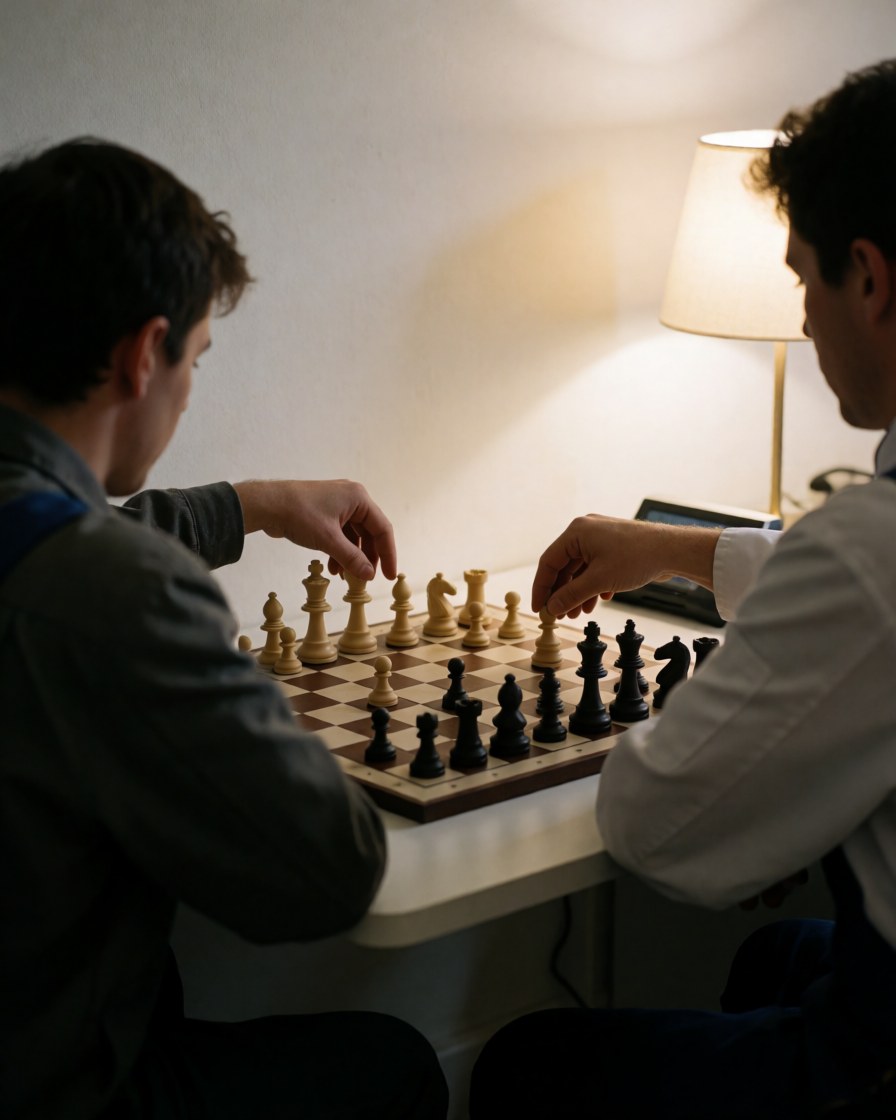 Two people playing chess at a school with visible board and pieces under warm lamp light and white walls