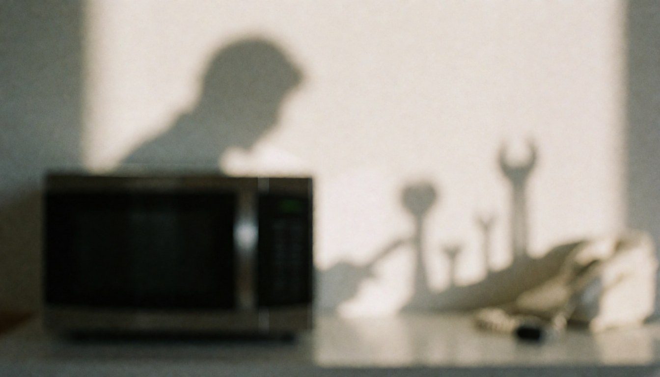 Shadows of tools cast on a microwave surface, creating a professional background ideal for microwave repair service advertisements.