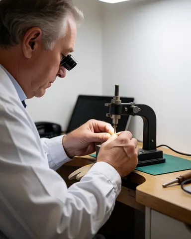 Watchmaker working at a wooden table with a loupe and pressure tool visible against white walls.
