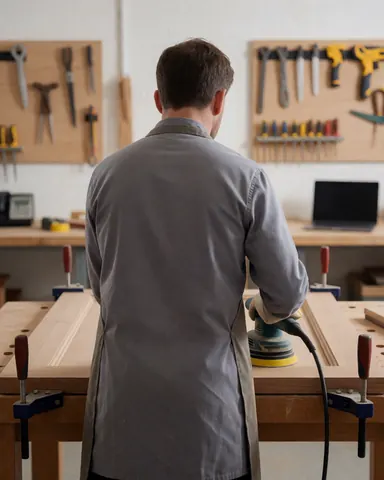 Man in gray apron sanding large wooden board on workbench with tools on wall and laptop in background