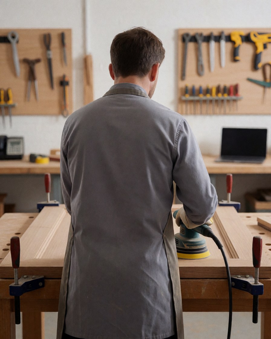Man in gray apron sanding large wooden board on workbench with tools on wall and laptop in background