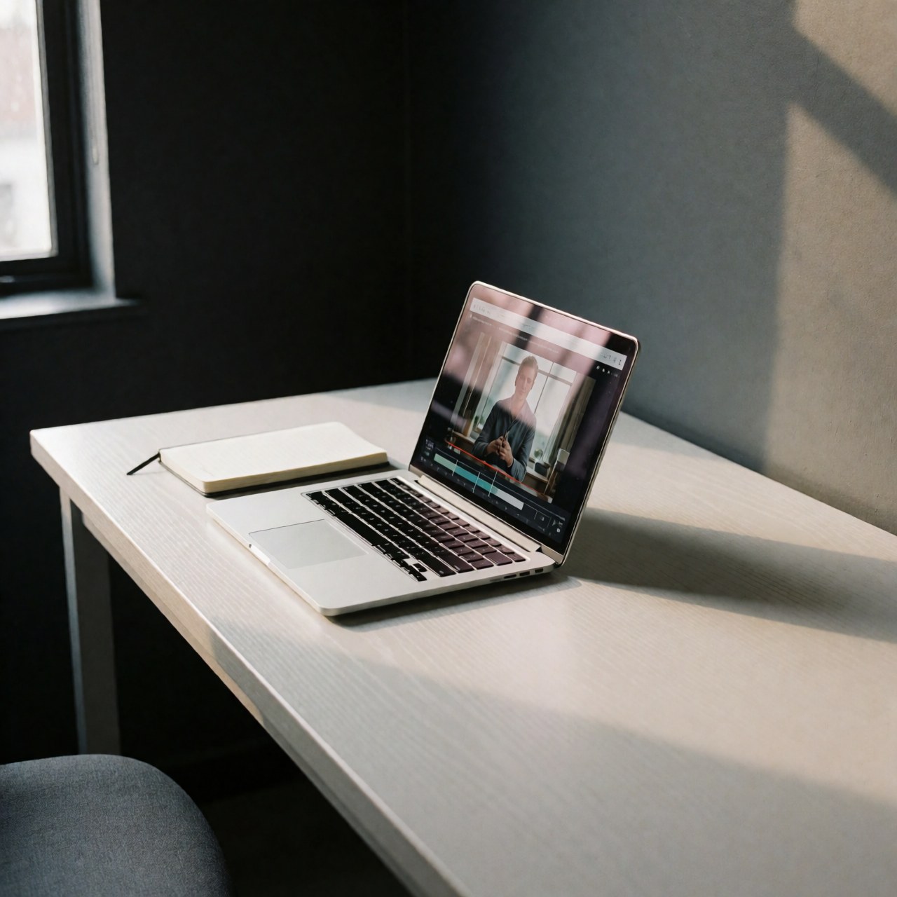 Open laptop showing a programming course, next to a notebook, on a white desk in an office with gray walls and natural light