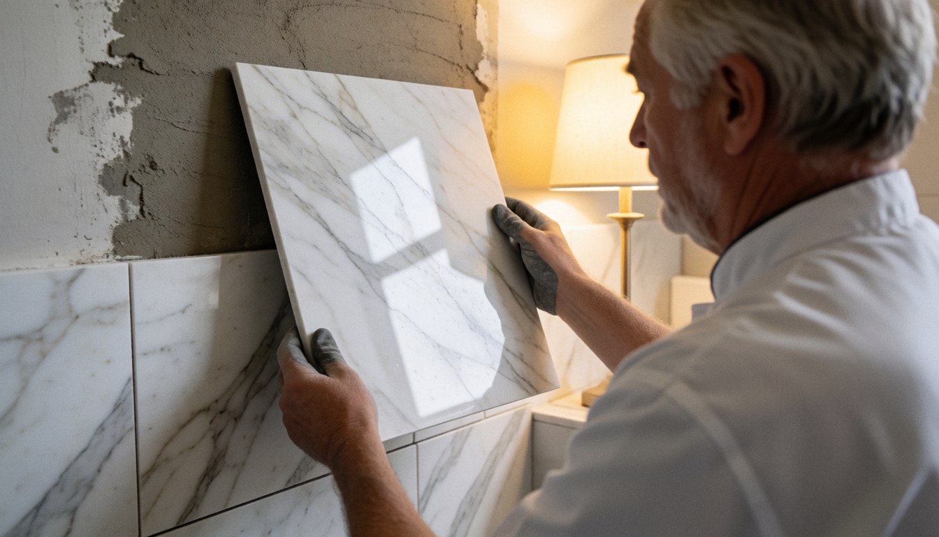 A tiler places a piece of white marble with gray veins on a partially tiled wall in a modern bathroom.