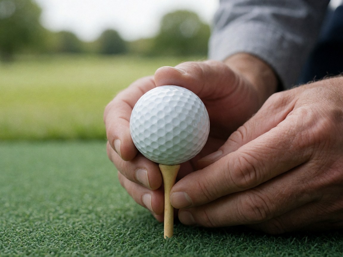 Close-up of hands placing a white golf ball on a wooden tee on a green golf course