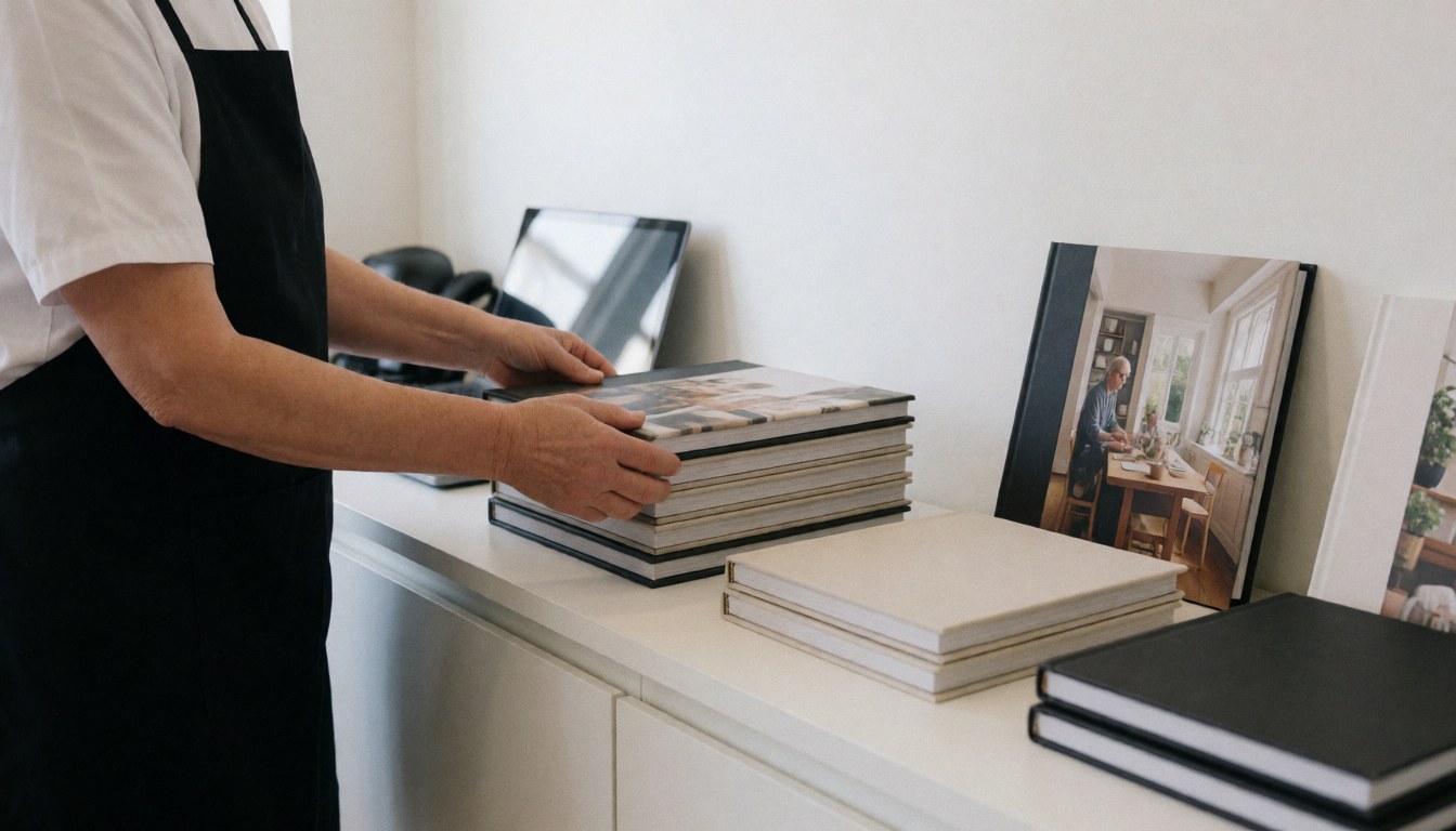 A portrait photographer organizes photo albums in a white studio, with visible hands and a clean wall, showcasing work and products.