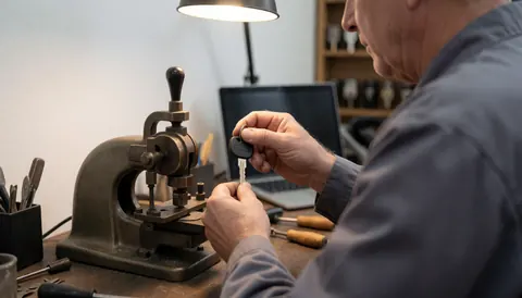 A professional locksmith uses a vintage machine to cut a key in a workshop with a white wall and work light.