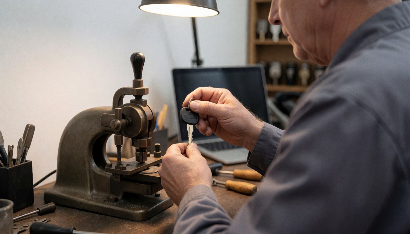 A professional locksmith uses a vintage machine to cut a key in a workshop with a white wall and work light.