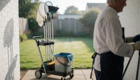 A cleaning cart filled with tools sits in a patio area near a white wall, suitable for pool maintenance services.