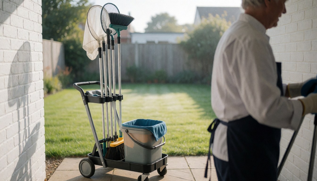 A cleaning cart filled with tools sits in a patio area near a white wall, suitable for pool maintenance services.