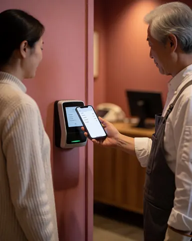 Customer scanning a digital ticket on a smartphone at the entrance of an entertainment center with a pink wall.